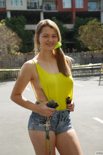 sexy girl braless t-shirt and jean shorts